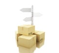 3d Carboard boxes with sign post. Delivery concept. Royalty Free Stock Photo