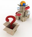 3d cardboard boxes around globe with question mark on white Royalty Free Stock Photo