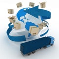 3d cardboard boxes around globe and truck Royalty Free Stock Photo