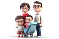 3D cartoon, academic family, nerd family. Young parents with two children isolated on white background