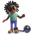 3d cartoon African rastafarian man in 3d with a ball and chain