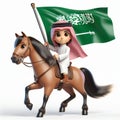 3d cartoon Arabic boy riding horse holding a Saudi Arabia flag on gray background Royalty Free Stock Photo