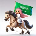 3d cartoon Arabic man riding horse holding a Saudi Arabia flag on gray background Royalty Free Stock Photo