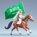 3d cartoon Arabic woman riding horse holding a Saudi Arabia flag on gray background Royalty Free Stock Photo