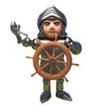 3d cartoon armoured medieval knight character waving from behind a ships wheel