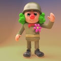 3d cartoon army soldier in military uniform wearing a clown wig and red nose, 3d illustration Royalty Free Stock Photo