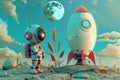 3d cartoon of astronaut and rocket with moon. Generative AI Royalty Free Stock Photo