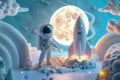 3d cartoon of astronaut and rocket with moon. Generative AI Royalty Free Stock Photo