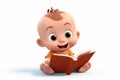 3d cartoon baby reading book with images. Generate Ai