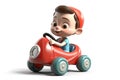 3D cartoon baby in a toy car isolated on white background. Royalty Free Stock Photo