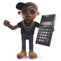 3d cartoon black African American hipop rap artist holding a digital calculator Royalty Free Stock Photo