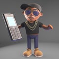 3d cartoon black hip hop rapper emcee in baseball cap holding a cellphone mobile device, 3d illustration