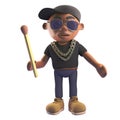 3d cartoon black hiphop emcee rap artist in baseball cap holding an unlit match, 3d illustration