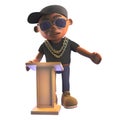 3d cartoon black hiphop rap artist character in baseball cap teaches at the lectern, 3d illustration