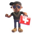 3d cartoon black hiphop rap artist emcee in baseball cap holding a first aid kit, 3d illustration