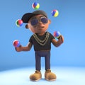 3d cartoon black hiphop rapper emcee character juggling with juggling balls, 3d illustration