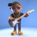 3d cartoon black hiphop rapper emcee character playing an electric guitar, 3d illustration