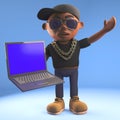 3d cartoon black hiphop rapper emcee holding a laptop pc computer, 3d illustration