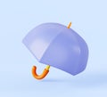 3d cartoon blue umbrella icon top view. Render mockup of open parasol with wood handle, accessory for rain or sun