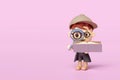 3d cartoon boy detective character hand hold open book with magnifying glass, brown hat isolated on pink background. studying, Royalty Free Stock Photo