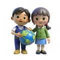 3D cartoon boy and girl standing and holding a globe Royalty Free Stock Photo