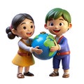 3D cartoon boy and girl standing and holding a globe Royalty Free Stock Photo