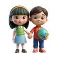 3D cartoon boy and girl standing and holding a globe Royalty Free Stock Photo