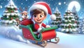 3D Cartoon Boy in Santa Suit Riding a Festive Sleigh Through Snowy Landscape