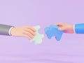 3D Cartoon Businessman hand holding jigsaw puzzle, Symbols for teamwork and partnerships