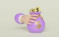 3d cartoon businessman hands holding money bag with coin dollar isolated. quick credit approval or loan approval concept, 3d Royalty Free Stock Photo