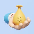 3d cartoon businessman hands holding money bag isolated on blue background. Quick credit approval or loan approval concept, 3d Royalty Free Stock Photo