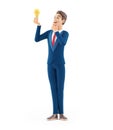 3d cartoon businessman looking at light bulb