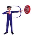 3d Cartoon Businessman shooting an arrow at the target board. Hit business target. Achieving business goals concept Royalty Free Stock Photo
