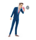 3d cartoon businessman shouting through megaphone Royalty Free Stock Photo