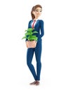 3d cartoon businesswoman carrying potted plant