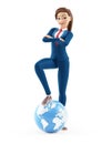 3d cartoon businesswoman foot on the earth