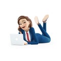 3d cartoon businesswoman lying down on floor with phone and laptop