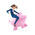 3d cartoon businesswoman riding piggy bank