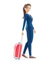3d cartoon businesswoman walking with travel suitcase