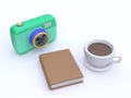 3d cartoon camera book coffee cup top view white background 3d render Royalty Free Stock Photo