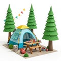 3D cartoon camping scene with tent, table, and trees isolated on white Royalty Free Stock Photo