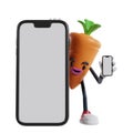 3d cartoon carrot character appears from behind a big phone and holding phone