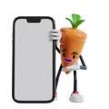 3d cartoon carrot character peeking from behind a big mobile phone and showing what\'s on the screen by hand