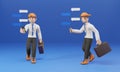 3D cartoon character businessman using smartphone while walking isolate blue background