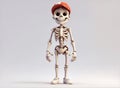 A 3D cartoon character of a cute boy skeleton wearing a cap, strikes a playful balance between adorableness and a hint of the