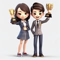 3D cartoon character cute smile young Businessman and Businesswoman Winners celebration holding trophy awards