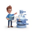 3 D cartoon character explaining database structure with tables indexes and queries Royalty Free Stock Photo
