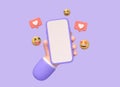 3d cartoon character hand holding a mobile phone. heart notification icons on speech bubble. the concept of communication in Royalty Free Stock Photo