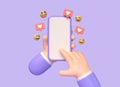 3d cartoon character hand holding a mobile phone. heart notification icons on speech bubble. the concept of communication in Royalty Free Stock Photo