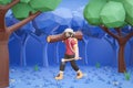 3D cartoon character Man lumberjack carrying lumber in the forest, man cutting tree, survivalist